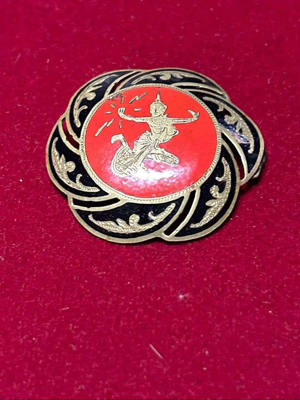 Gold-Tone Red Enamel Lotus Pin Brooch